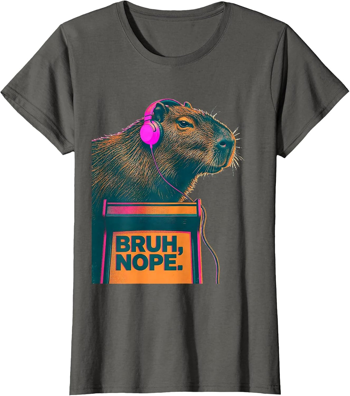 Women's Bruh Nope Risograph Capybara Gamer Meme Humor T-Shirt - Asphalt Grey