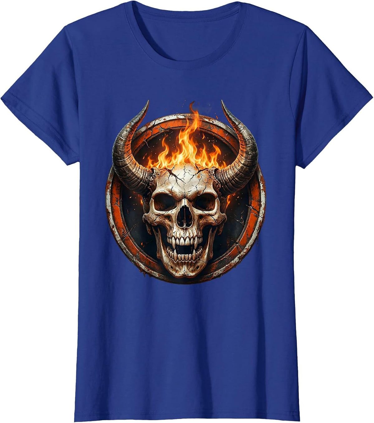 Women's Horned Demon Skull Fire Breathing Dark Art Design T-Shirt - Royal Blue