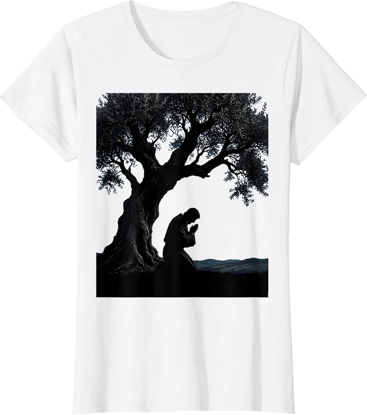 Jesus Kneeling in Garden at Night Illustration T-Shirt - White