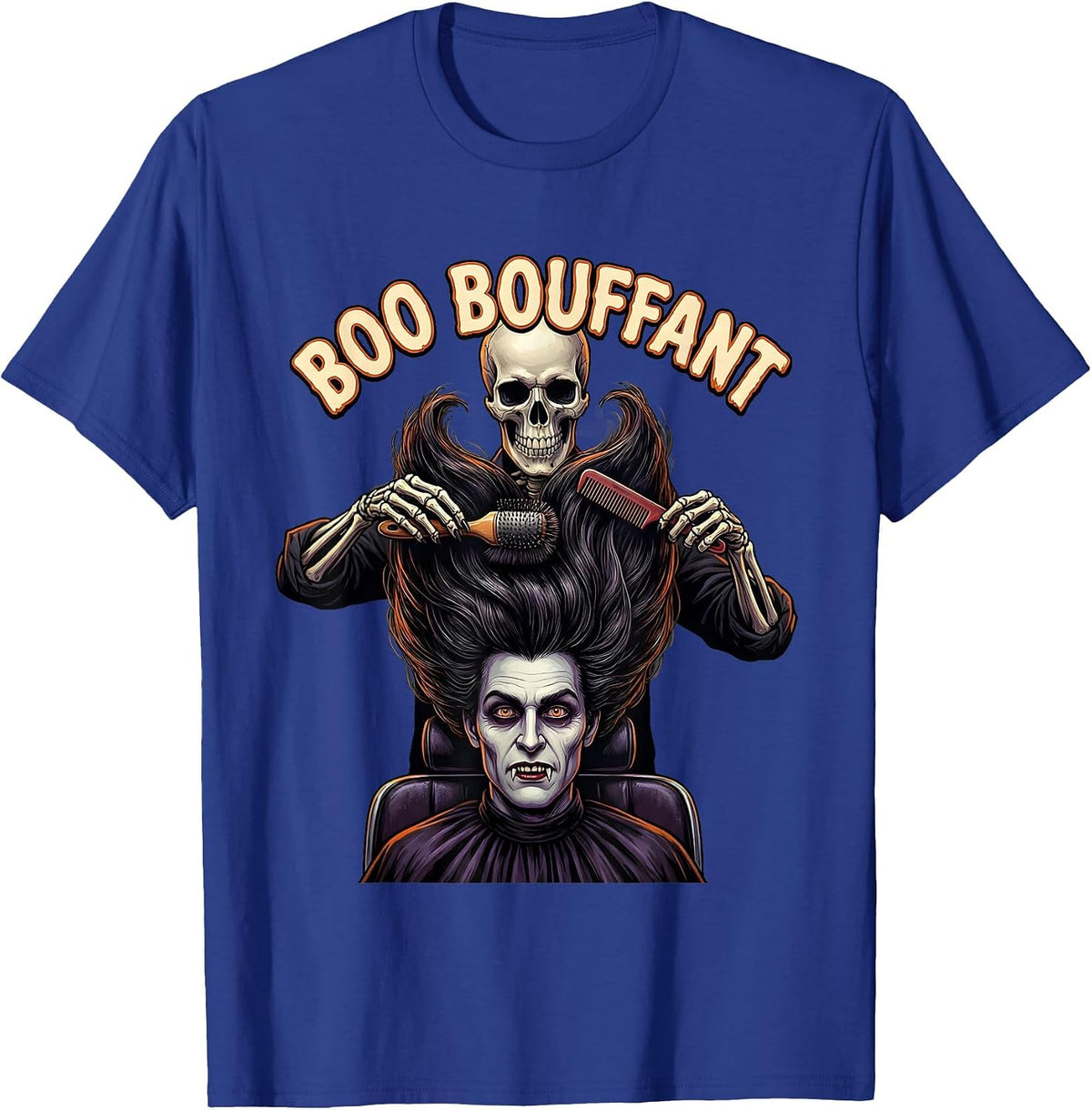 Boo Bouffant Horror Skeleton Hairstylist Halloween Humor T-Shirt - Royal Blue