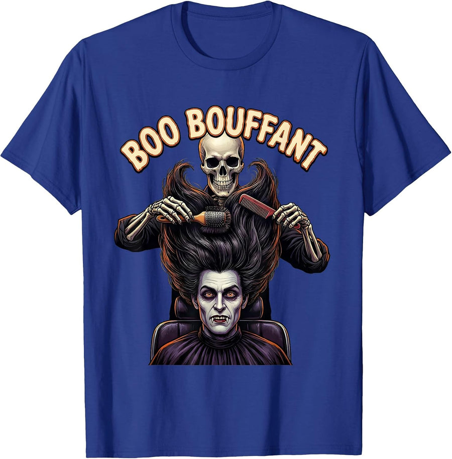 Boo Bouffant Horror Skeleton Hairstylist Halloween Humor T-Shirt - Royal Blue
