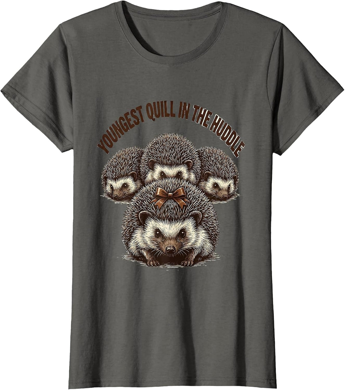 Women's Youngest Quill In The Huddle Cute Hedgehog Christmas Humor T-Shirt - Asphalt Grey