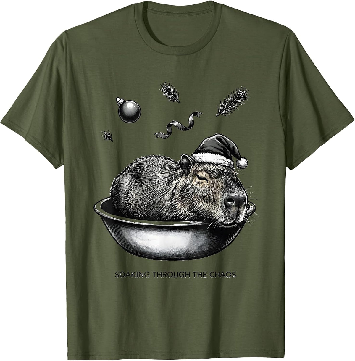 Men's Soaking Through The Chaos Monochromatic Christmas Capybara T-Shirt - Olive Green