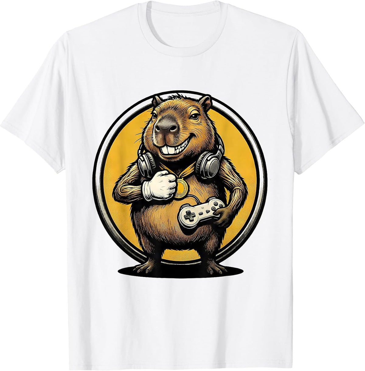 Men's Capybara Gamer Retro Cartoon Funny Meme Humor T-Shirt - White