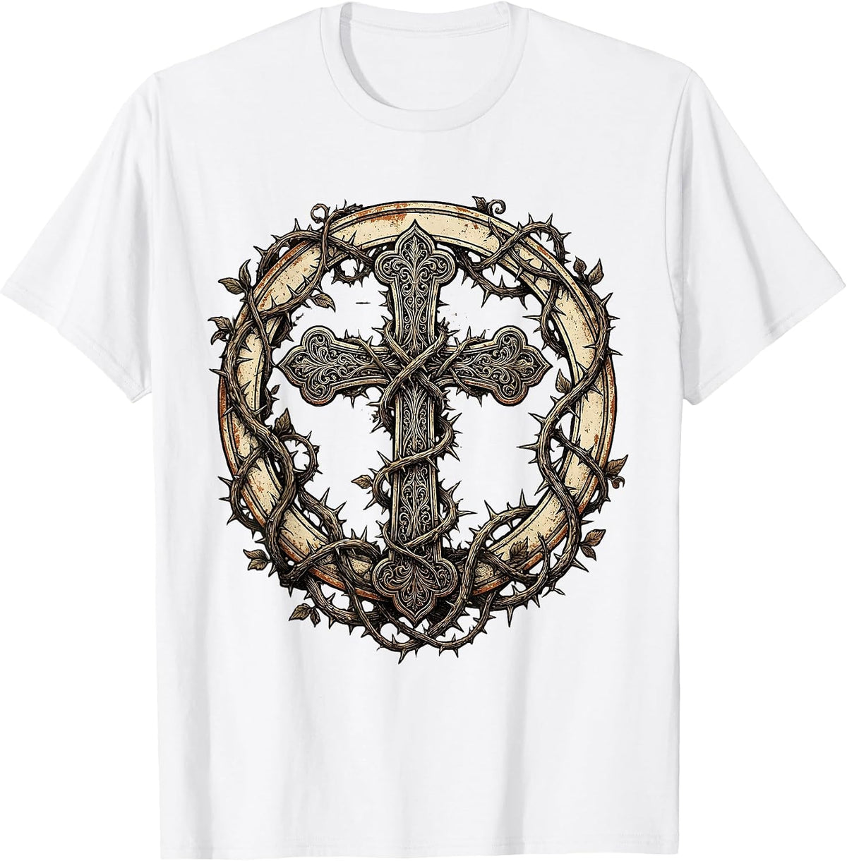 Men's Ornate Cross Wrapped in Thorned Vines Design T-Shirt - White