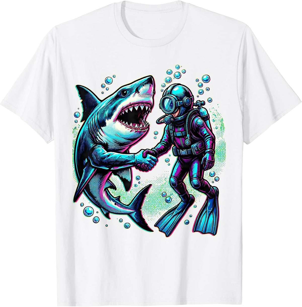 Men's Shark and Diver Holding Hands Underwater Art T-Shirt - White