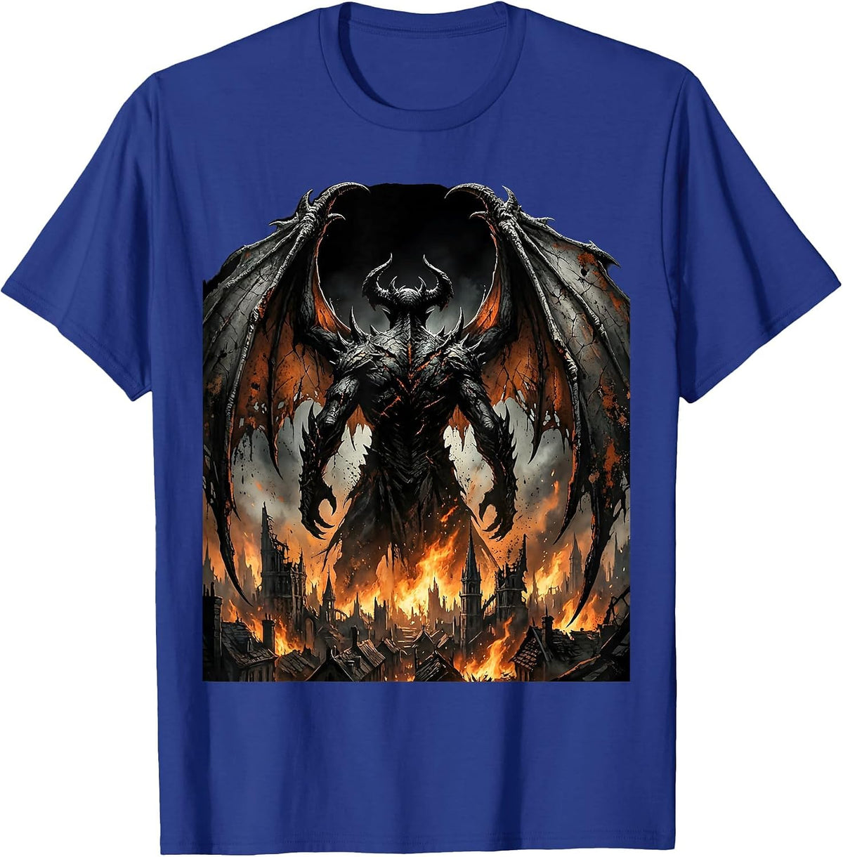 Demon Wings Burning City Halloween Graphic T-Shirt - Royal Blue