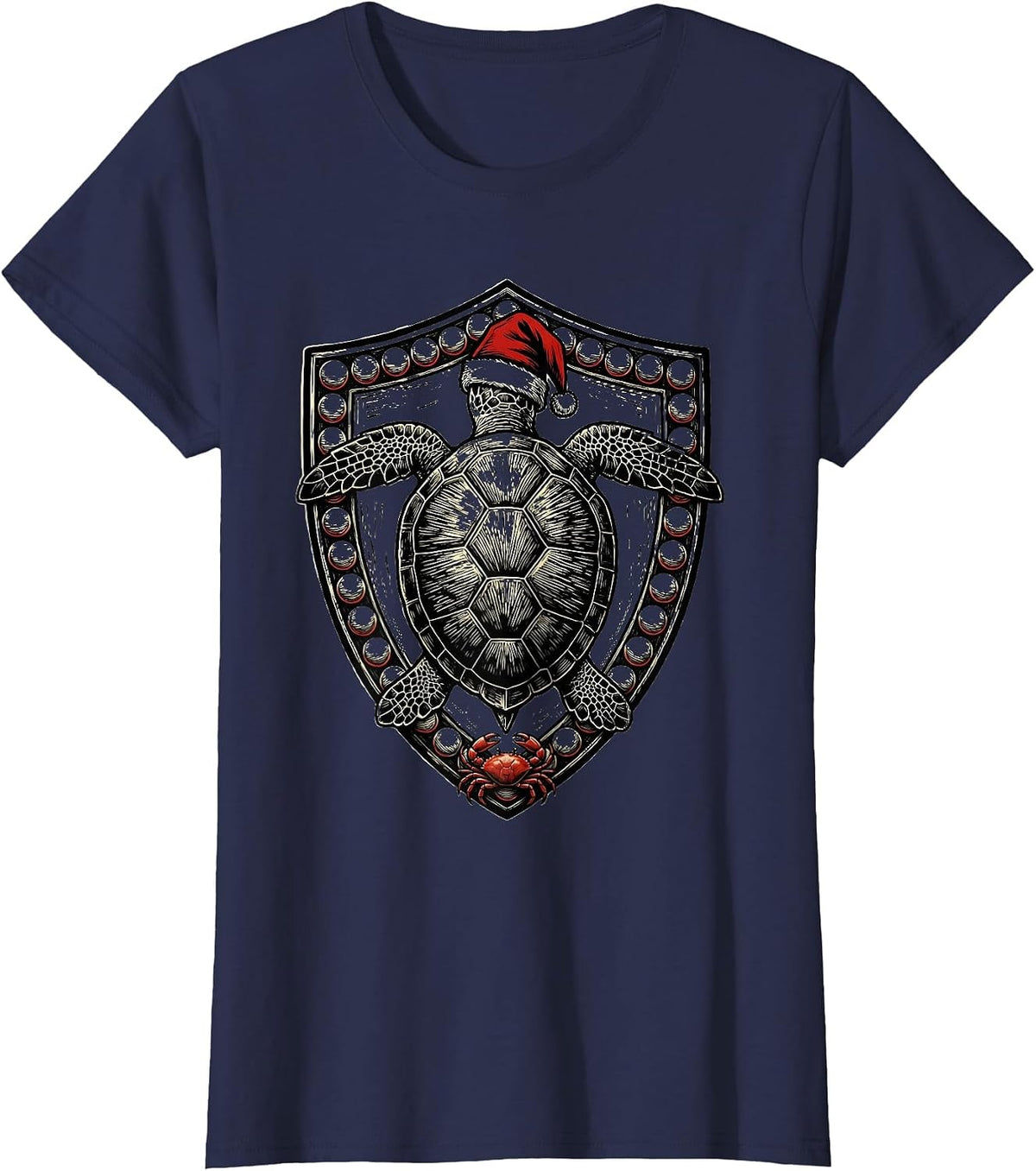 Women's Sea Turtle Santa Hat Woodcut Engraving Christmas Novelty T-Shirt - Navy Blue