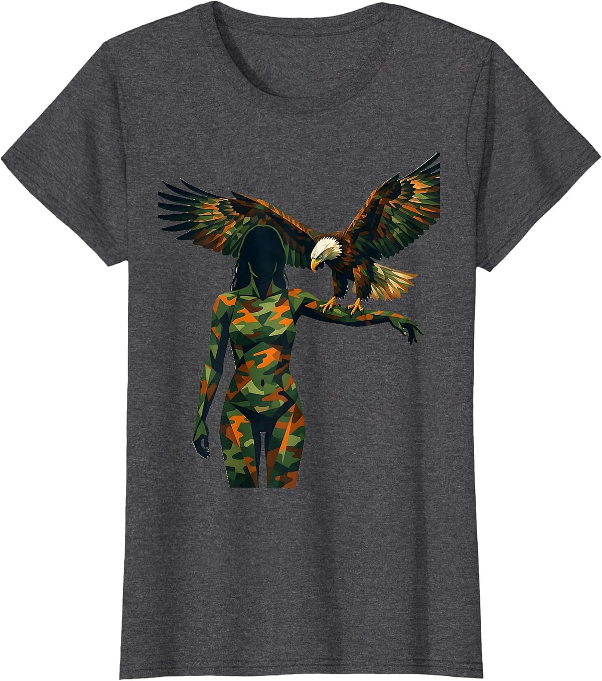 Women's Camo Eagle Falconer Wildlife Illustration T-Shirt - Dark Heather Grey