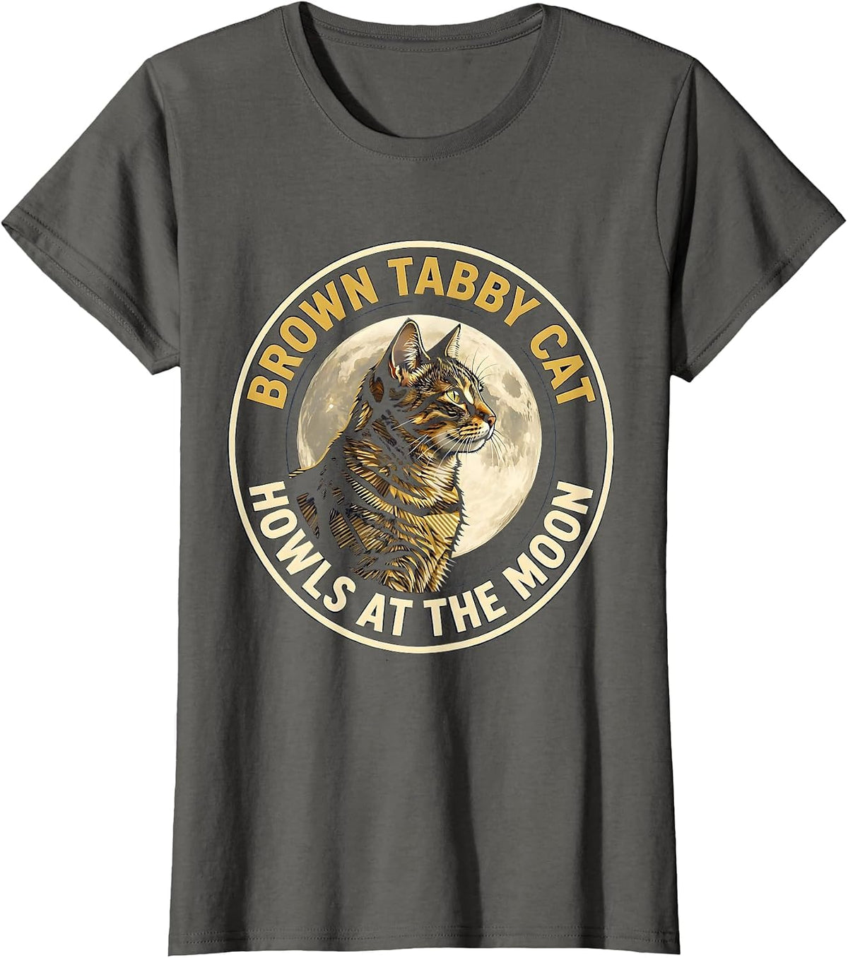 Women's Brown Tabby Cat Howls at the Moon 90s Retro Novelty T-Shirt - Asphalt Grey