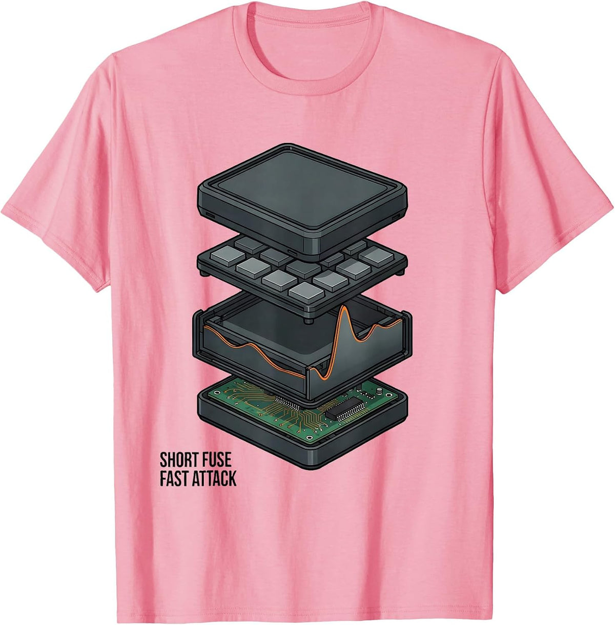 Men's Short Fuse, Fast Attack Exploded View Technical DJ Gift T-Shirt - Pink
