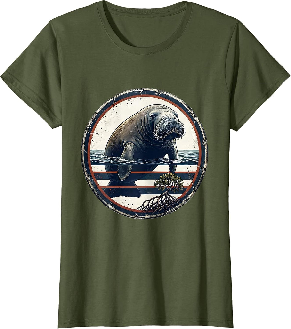 Women's Sealed Manatee Badge Tampa Bay Retro Vintage Pride T-Shirt - Olive Green