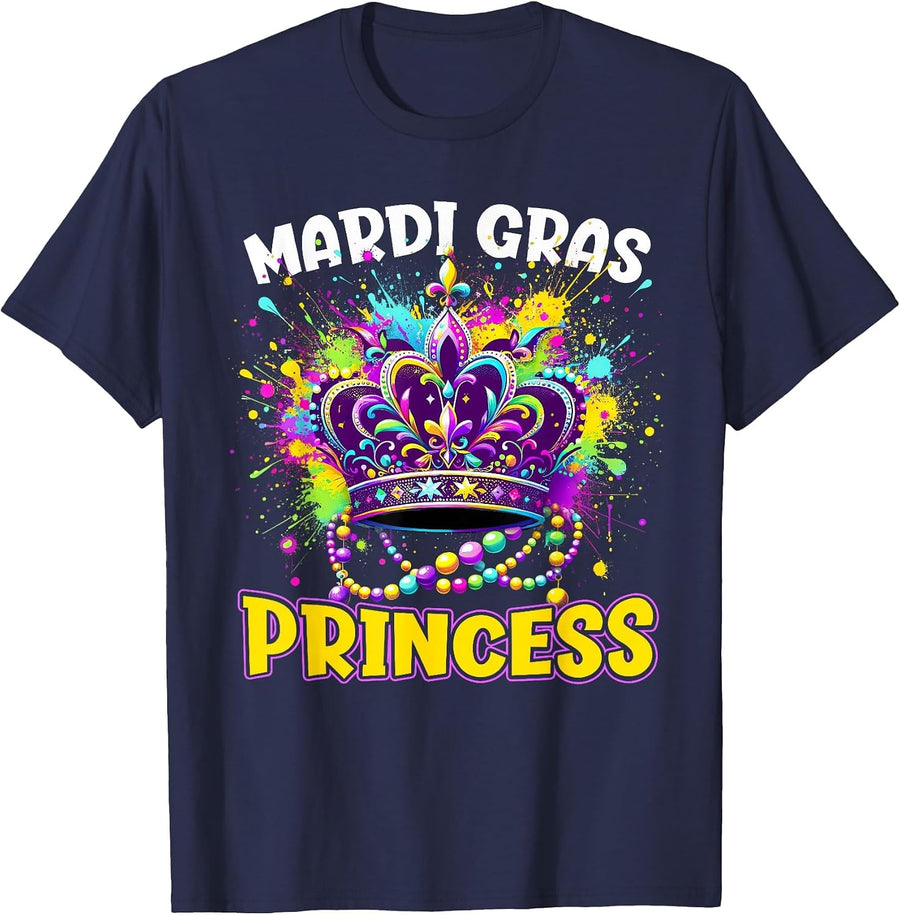 Mardi Gras Princess Crown Beads Colorful T-Shirt - Navy Blue