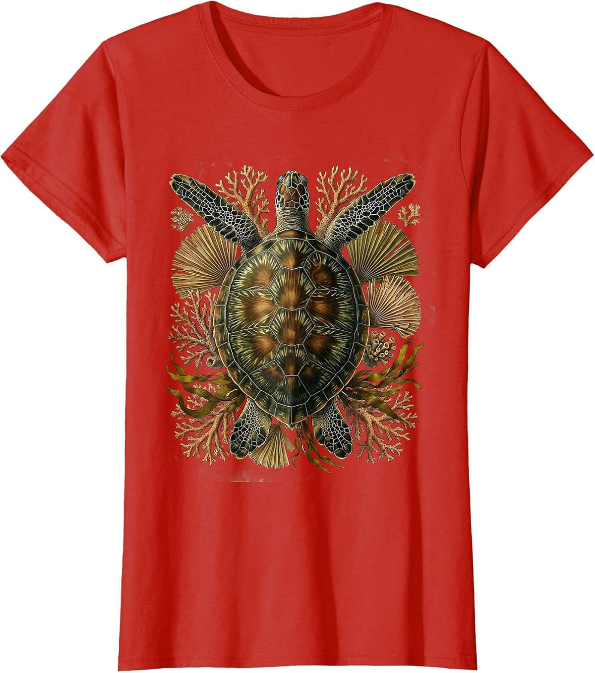 Sea Turtle Coral Reef Ocean Illustration T-Shirt - Red
