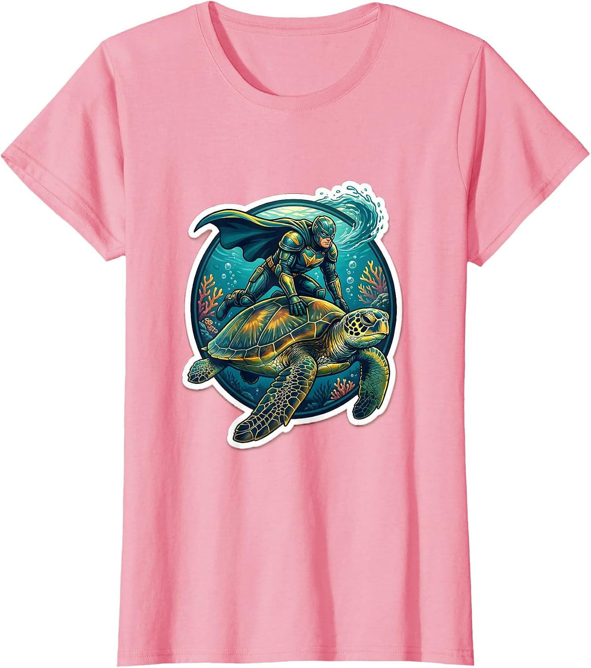 Women's Undersea Hero Riding Giant Sea Turtle Design T-Shirt - Pink