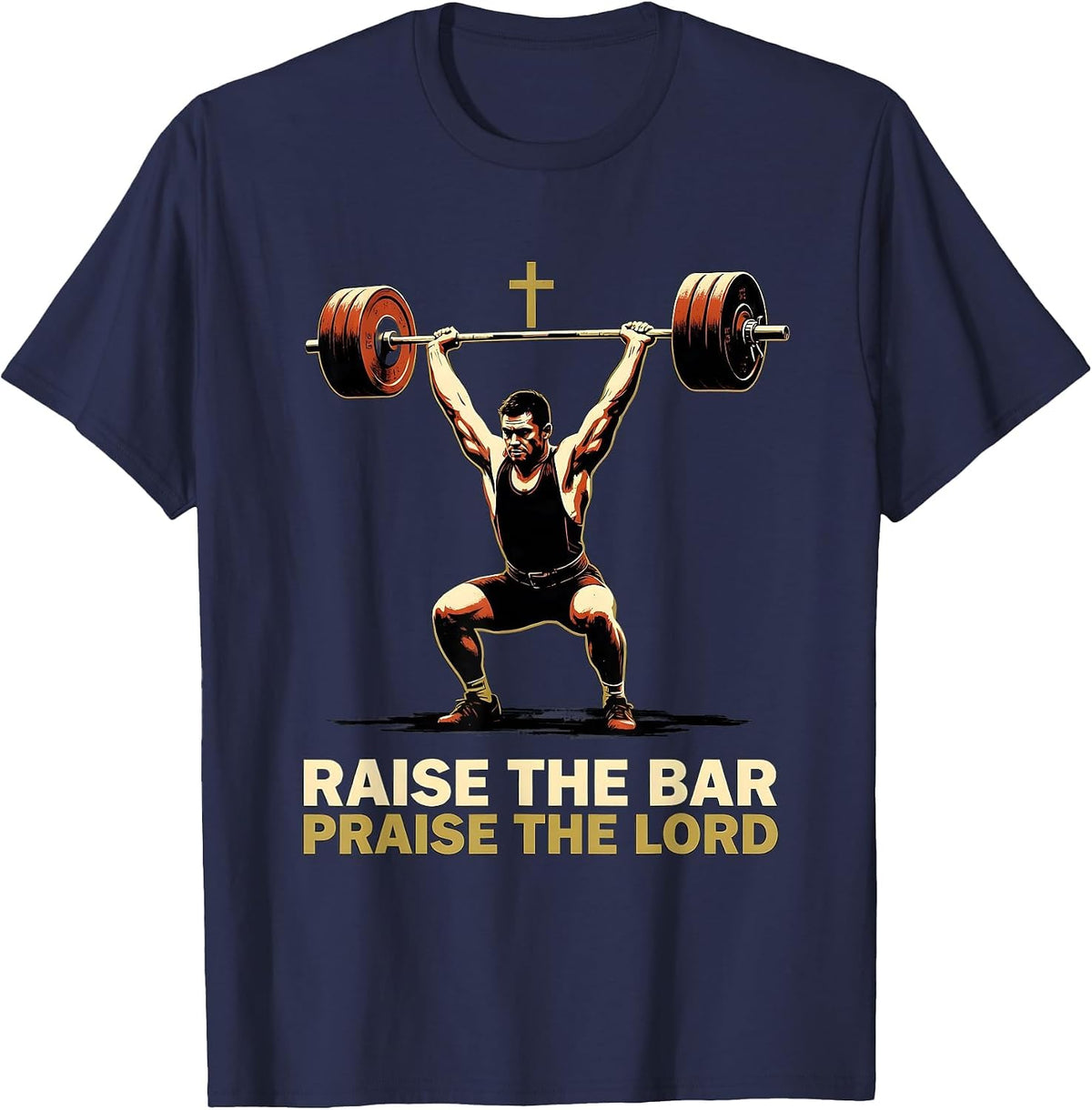 Men's Raise The Bar, Praise The Lord Christian Gym Weightlifter T-Shirt - Navy Blue