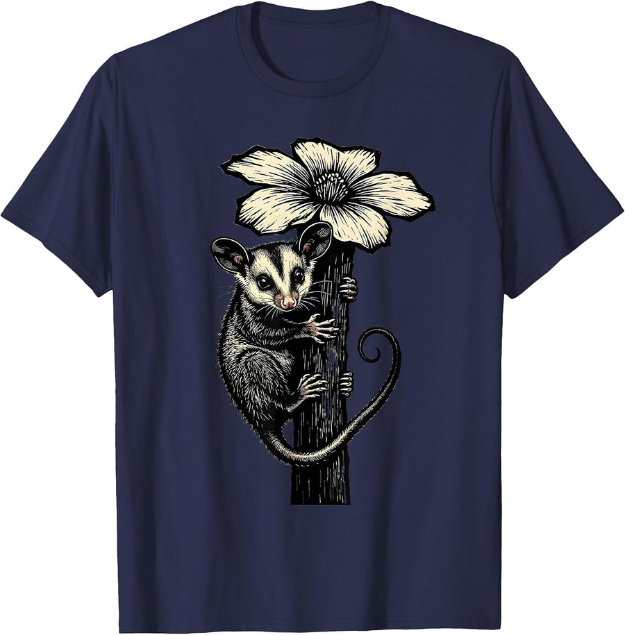 Baby Opossum Clinging to Flower Stem T-Shirt - Navy Blue