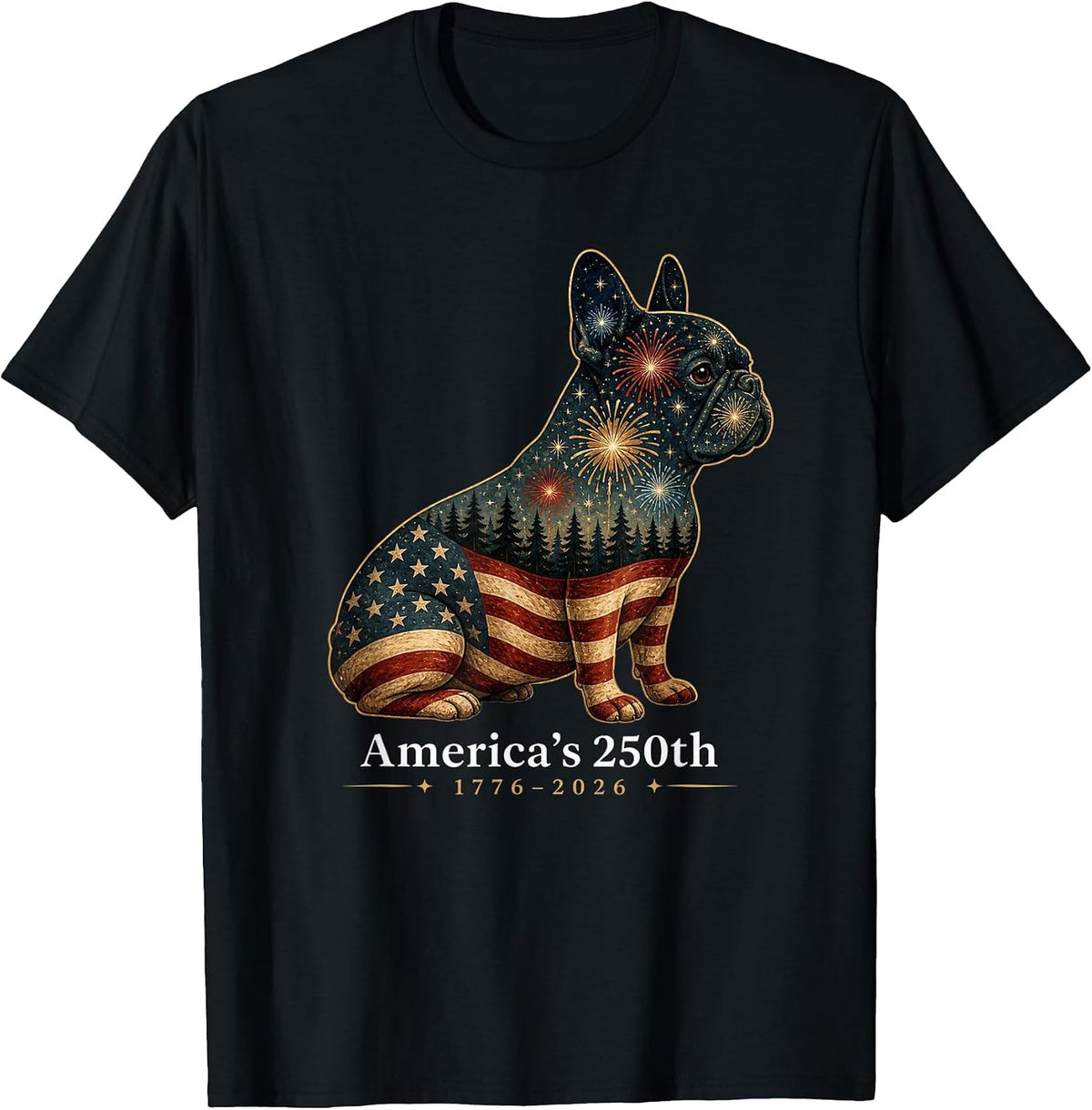 French Bulldog America's 250th Patriotic Dog Fireworks T-Shirt - Black