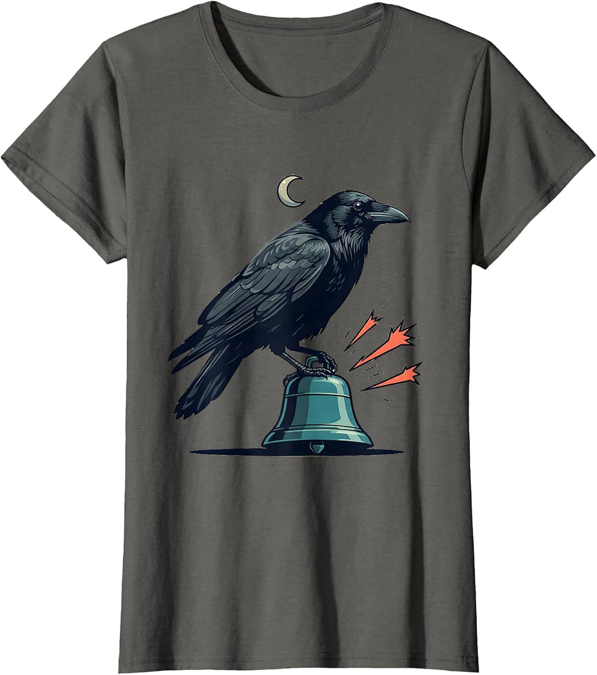 Women's Black Crow Bell Gothic Humor Halloween Dark Bird Lover T-Shirt - Asphalt Grey