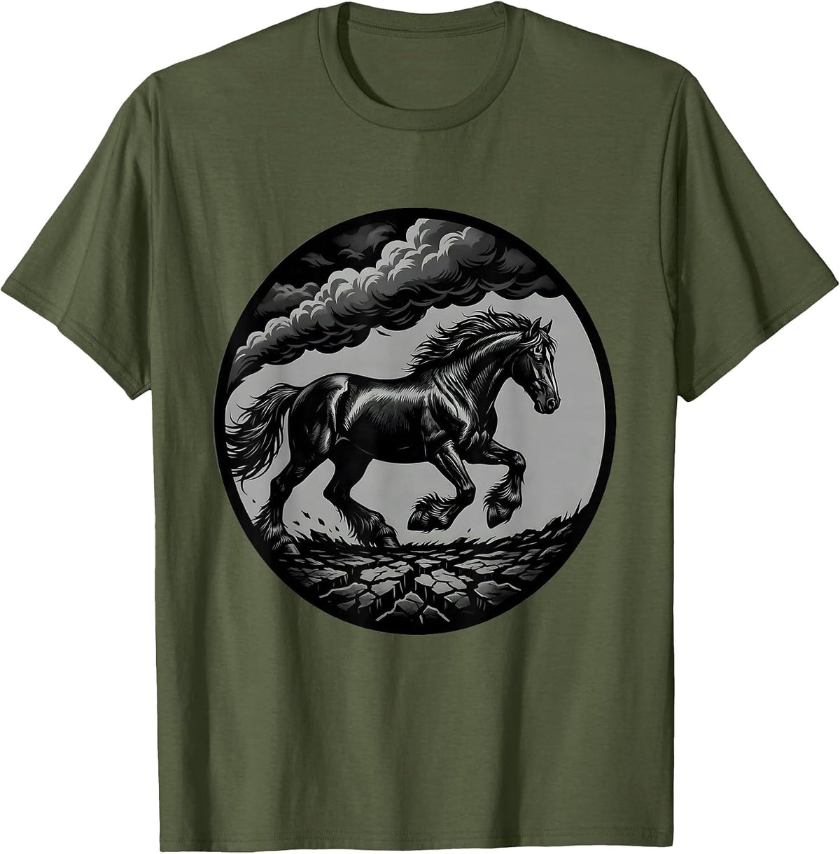 Draft Horse Pulling Plow Through Storm Clouds T-Shirt - Olive Green