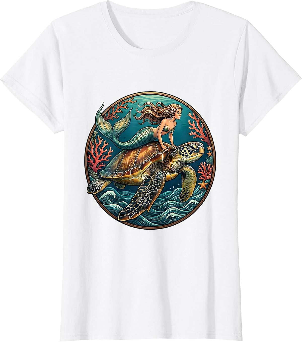Mermaid Riding Giant Sea Turtle Ocean Art T-Shirt - White