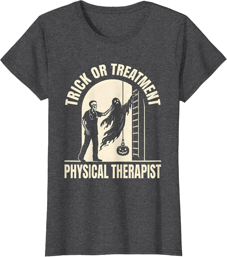 Women's Trick Or Treatment Physical Therapist Halloween PT Humor T-Shirt - Dark Heather Grey