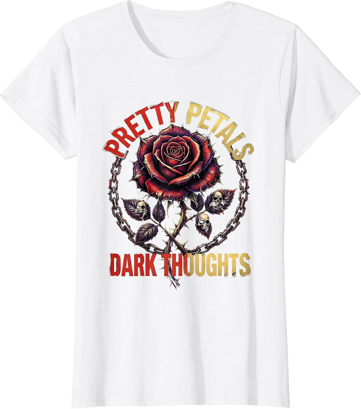 Pretty Petals Dark Thoughts Gothic Rose Design T-Shirt - White