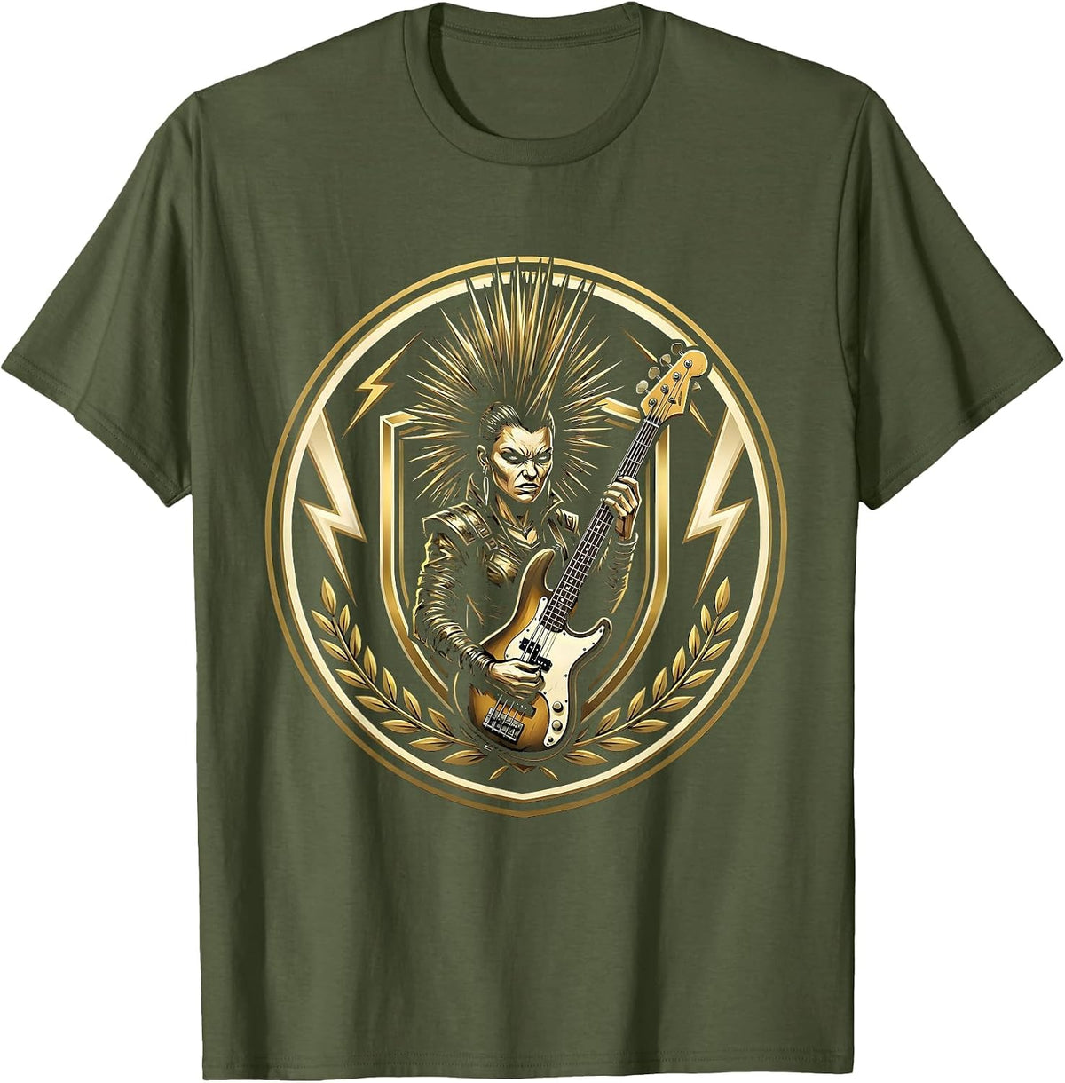 Fierce Mohawk Bass Guitar Rock Band Graphic T-Shirt - Olive Green