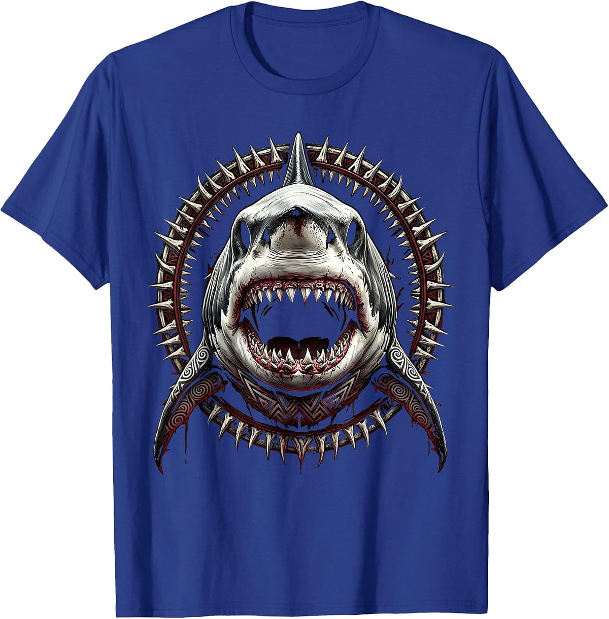 Tribal Tattoo Shark Forward-Facing Graphic T-Shirt - Royal Blue