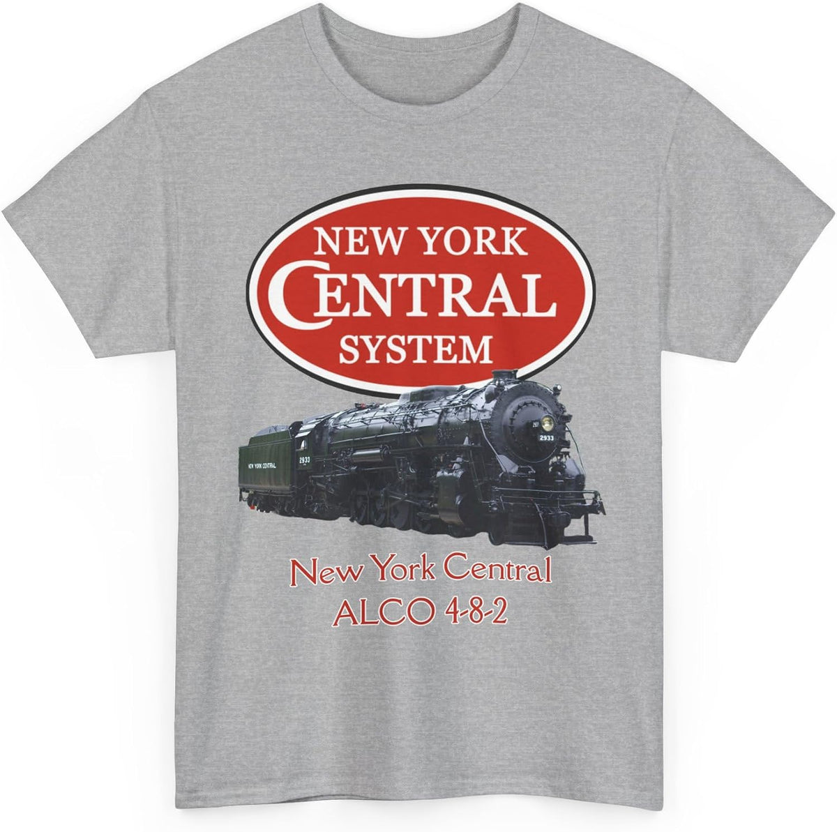 New York Central ALCO 4-8-2 Steam Locomotive & Logo T-Shirt | Railroad Tee - Sport Grey