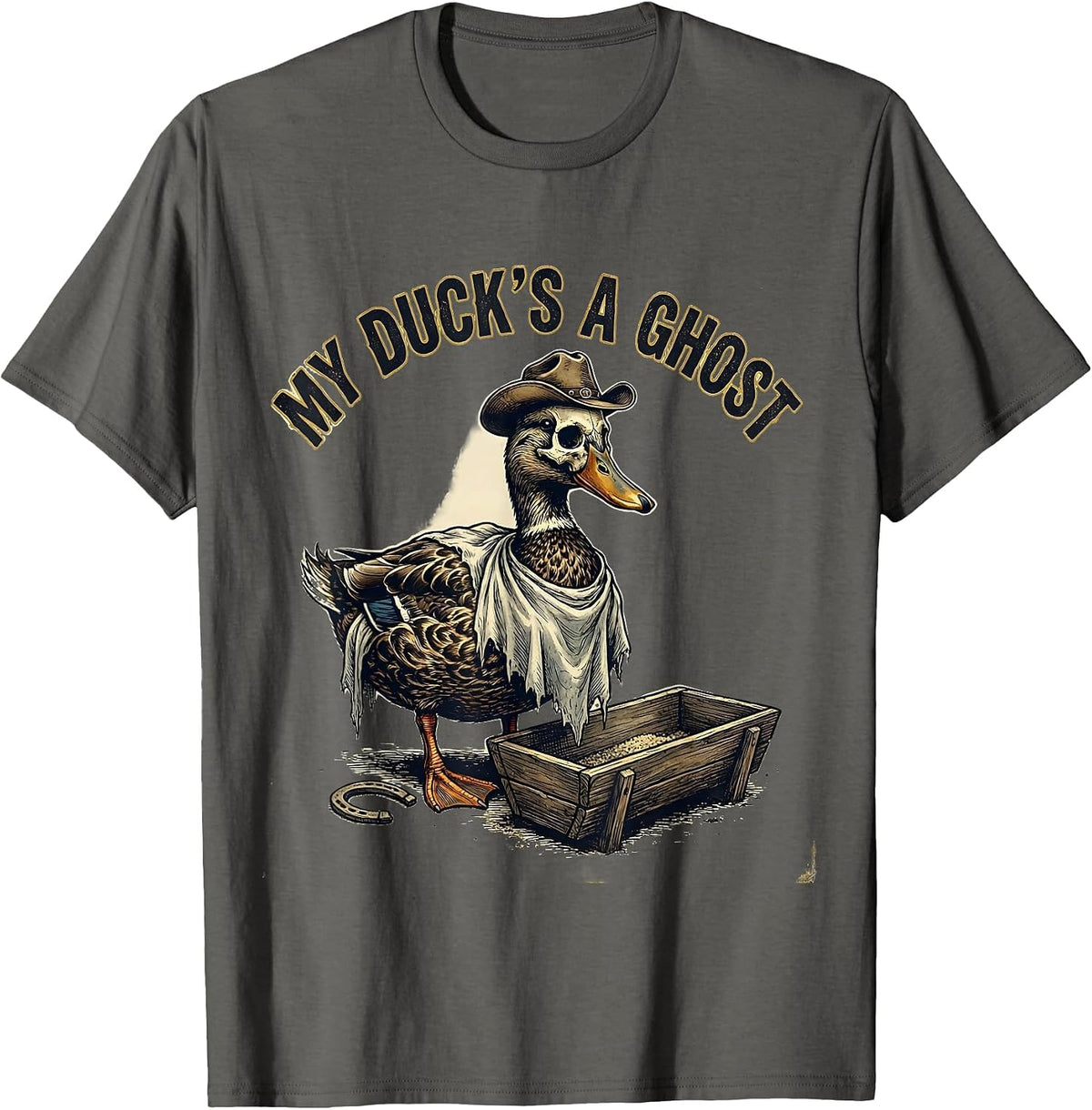 Men's My Duck's a Ghost Vintage Western Halloween Ghost Skeleton T-Shirt - Asphalt Grey