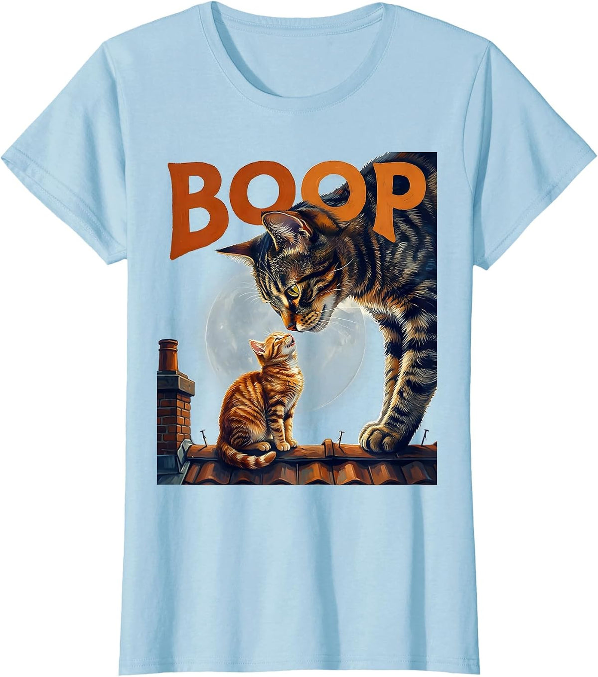 Boop Orange Tabby Cat Howling at Moon 90's Retro T-Shirt - Baby Blue