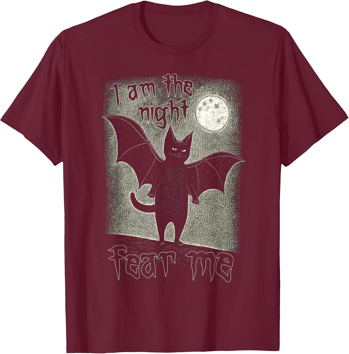 I Am The Night Fear Me Cute Black Cat Bat Punk Goth Grunge T-Shirt - Burgundy