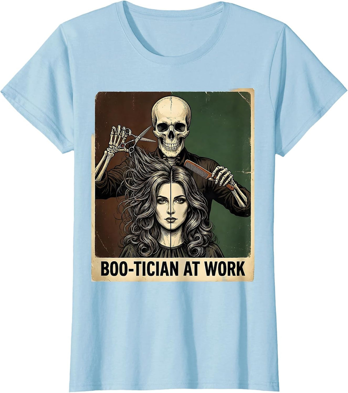 Boo-tician At Work Vintage Skeleton Hairdresser Halloween T-Shirt - Baby Blue