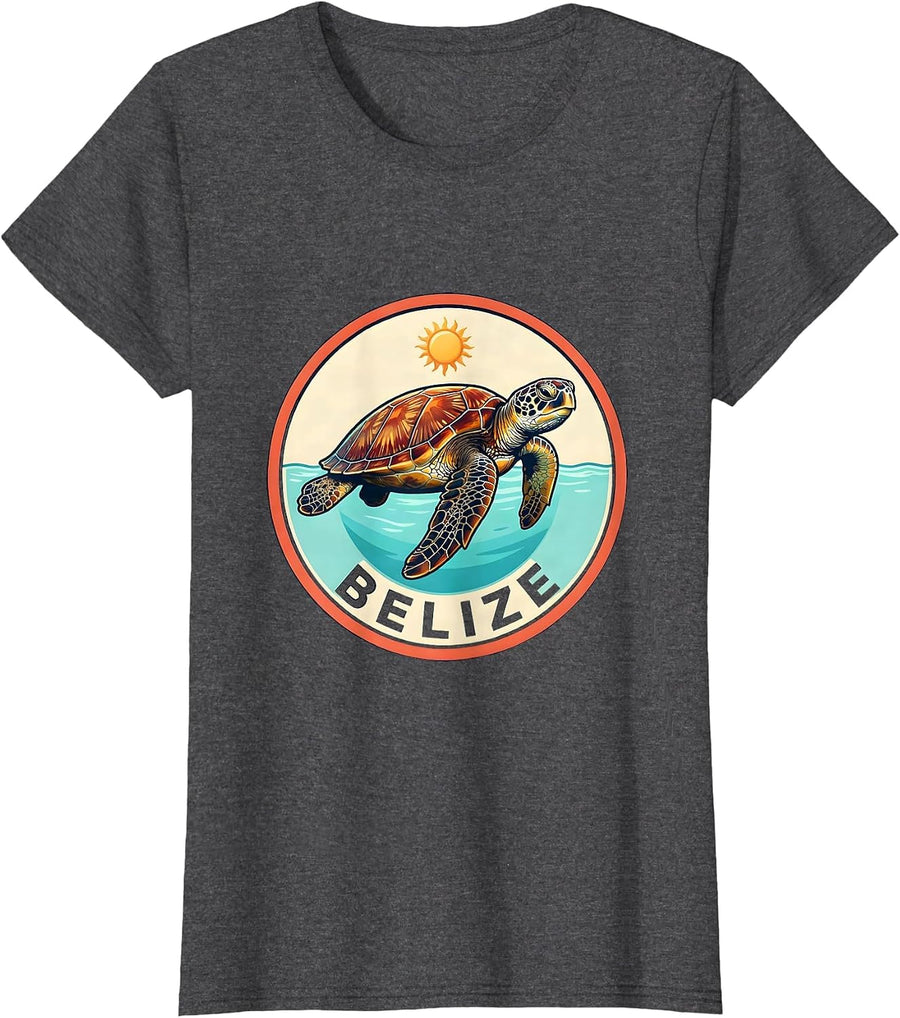 Women's Belize Vintage Sea Turtle Badge Beach Vacation Souvenir T-Shirt - Dark Heather Grey