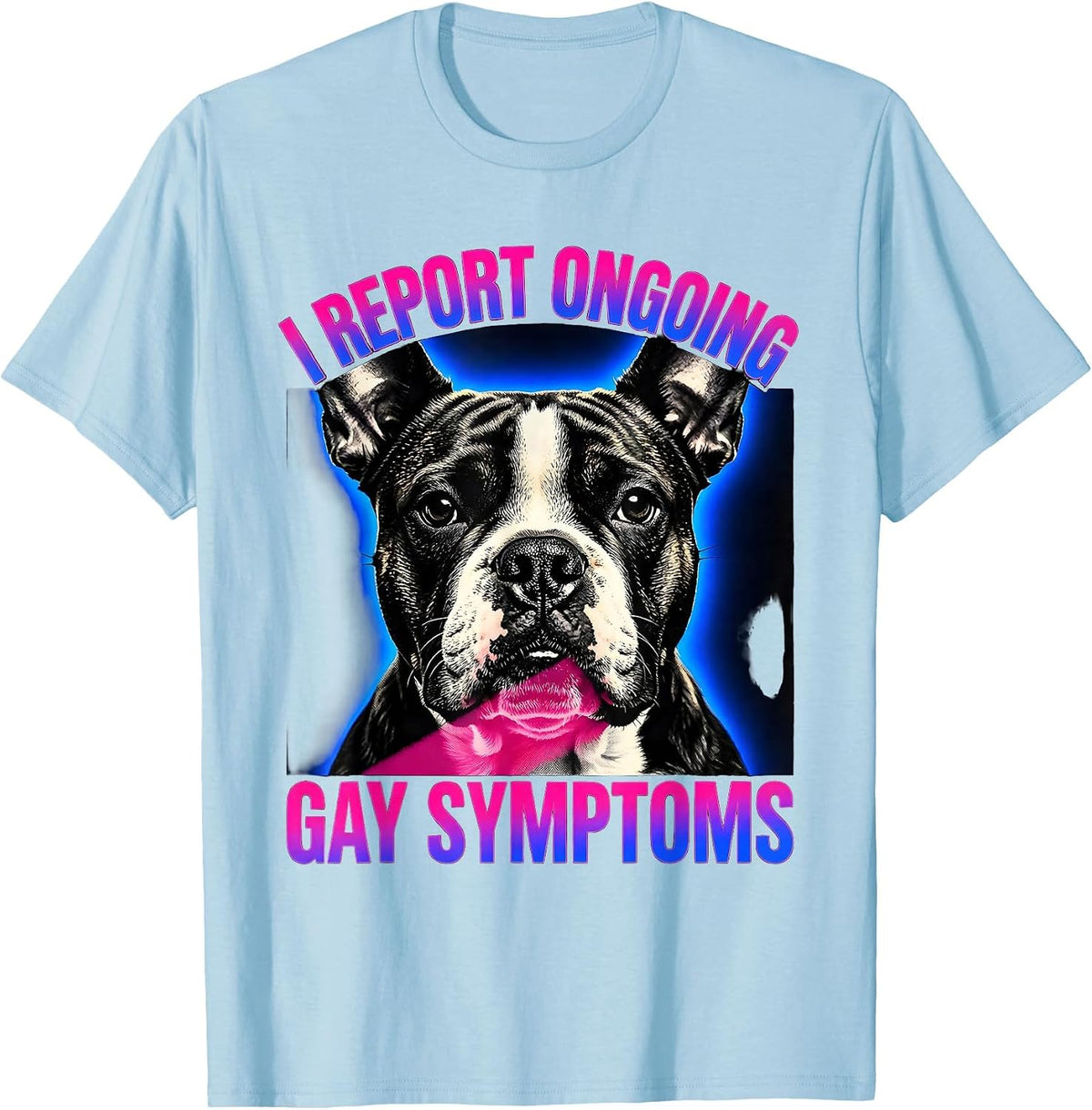 Men's I Report Ongoing Gay Symptoms Funny Bull Terrier Meme T-Shirt - Baby Blue