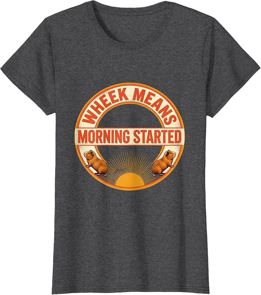 Women's Wheek Means Morning Started Funny Guinea Pig Pet Lover Humor T-Shirt - Dark Heather Grey