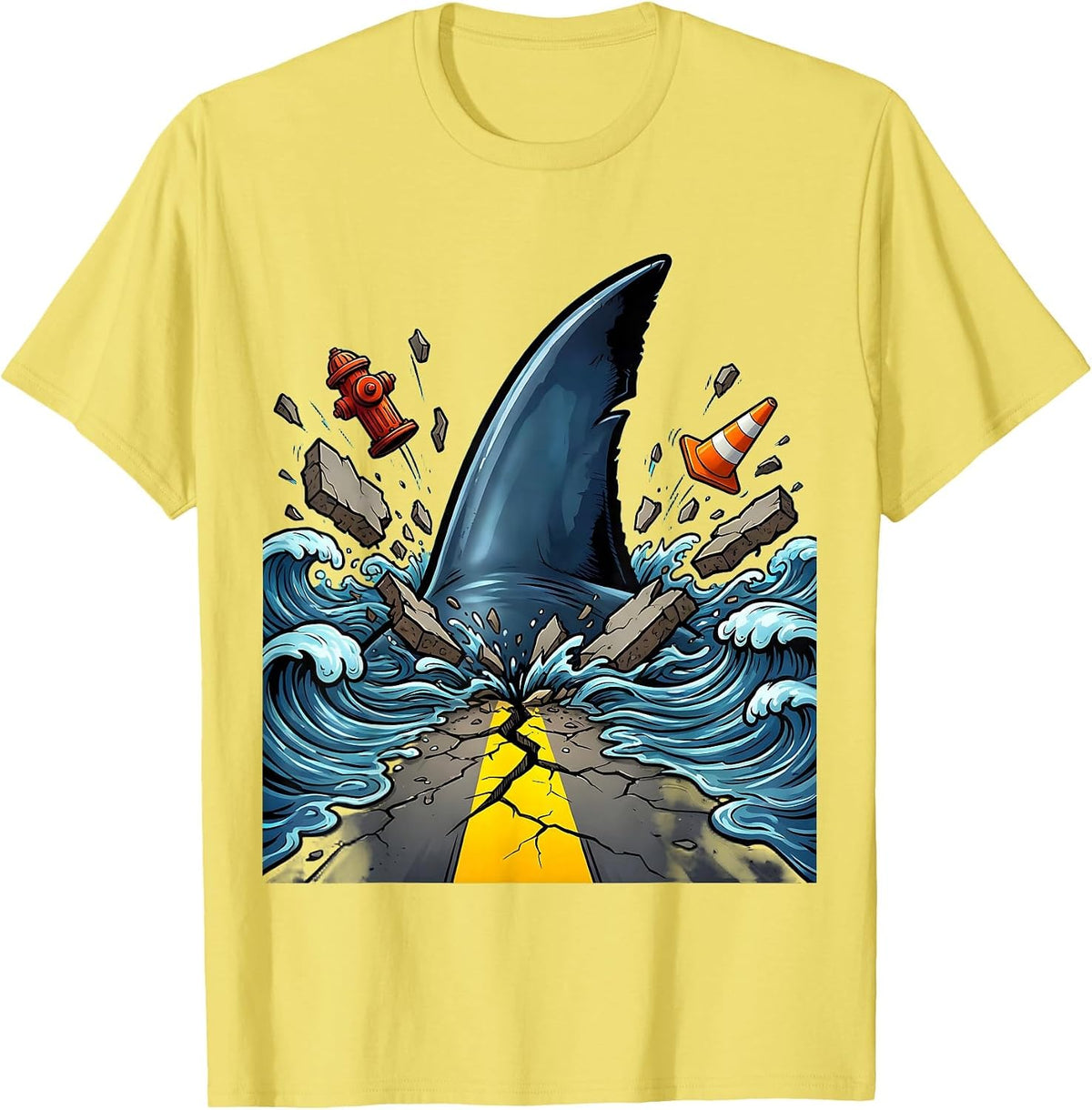 Men's Shark Fin City Street Weird Graphic Tee T-Shirt - Lemon Yellow