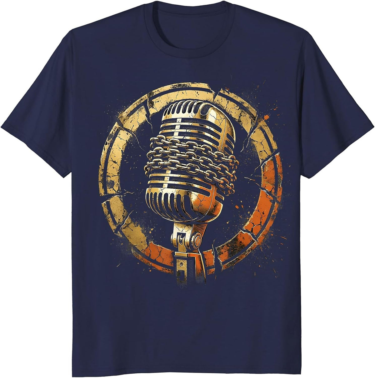 Gold Chain Microphone Hip Hop Graphic Tee T-Shirt - Navy Blue