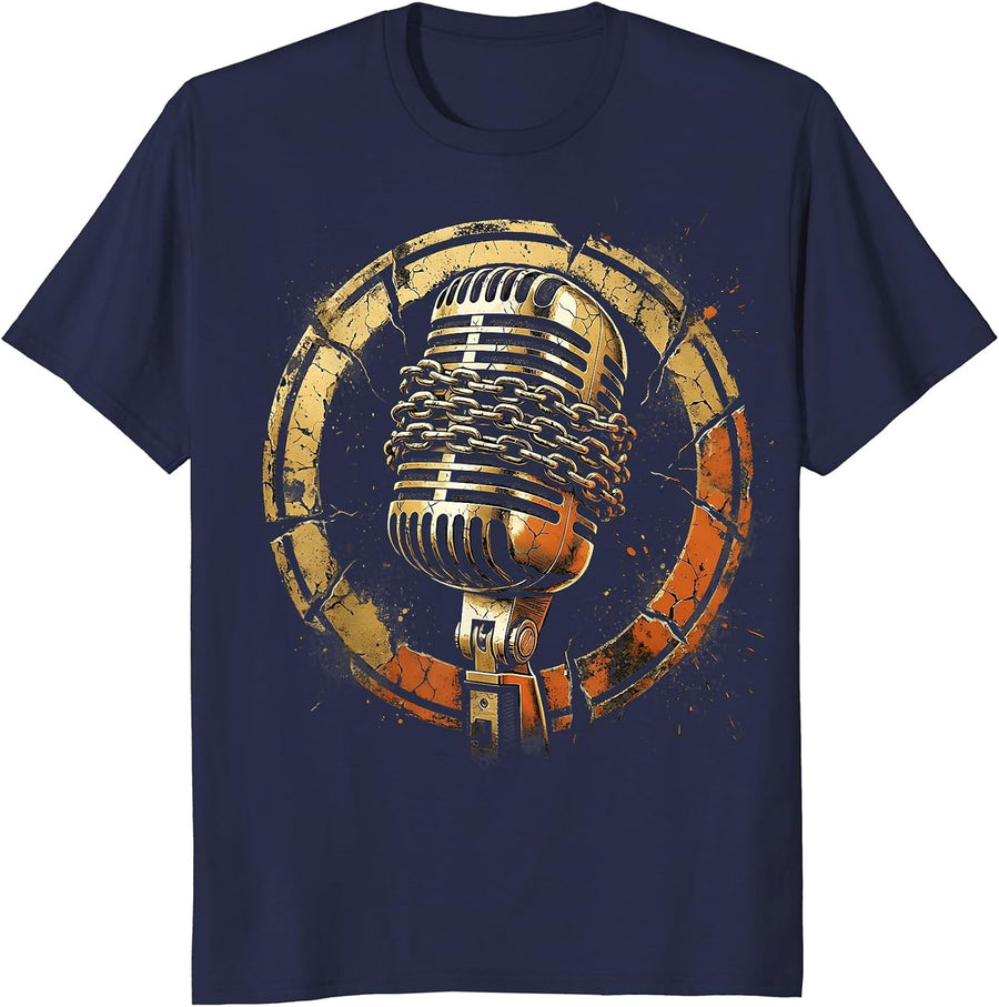 Gold Chain Microphone Hip Hop Graphic Tee T-Shirt - Navy Blue