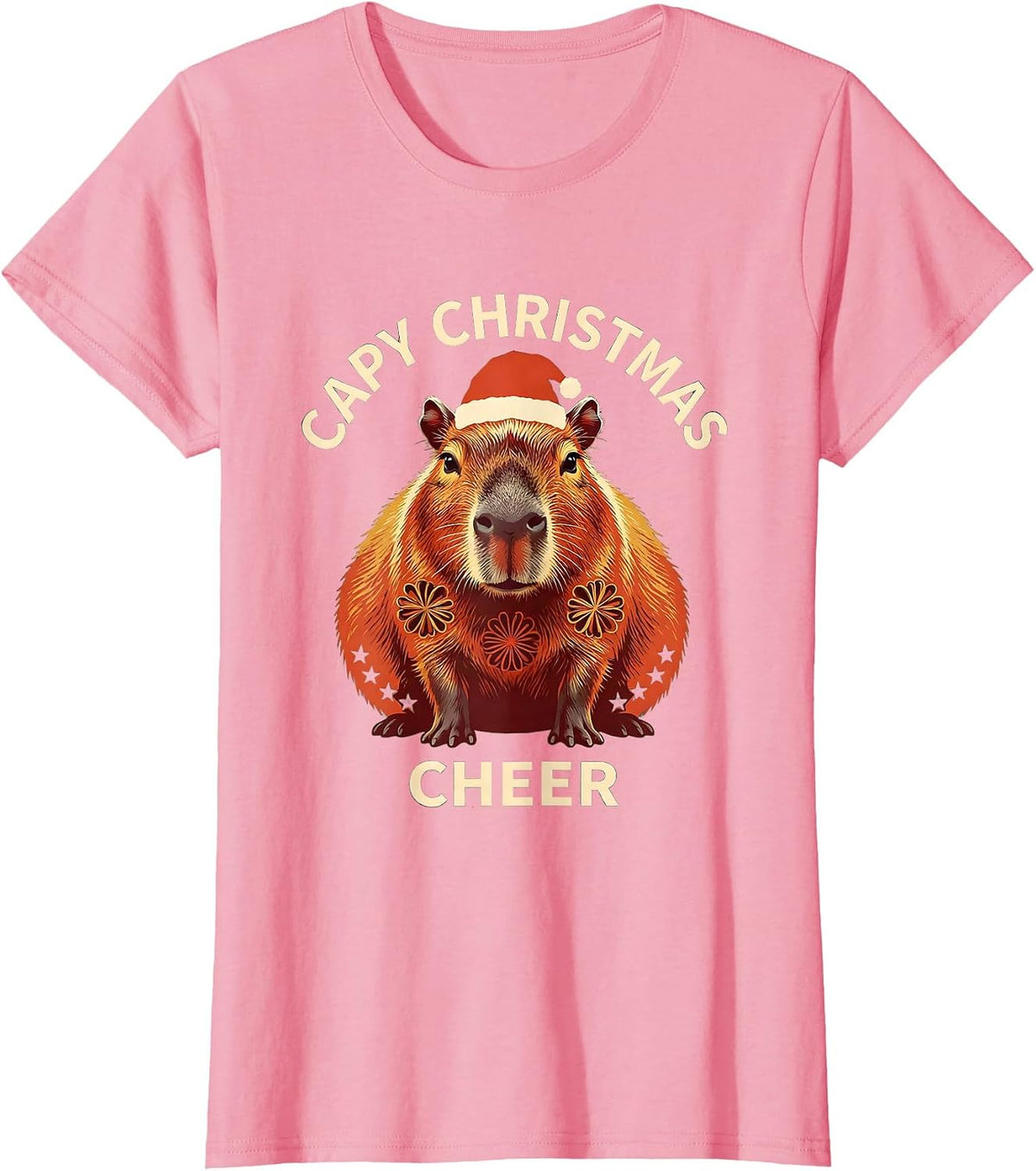 Women's Capy Christmas Cheer Folk Art Cute Capybara Santa Hat T-Shirt - Pink