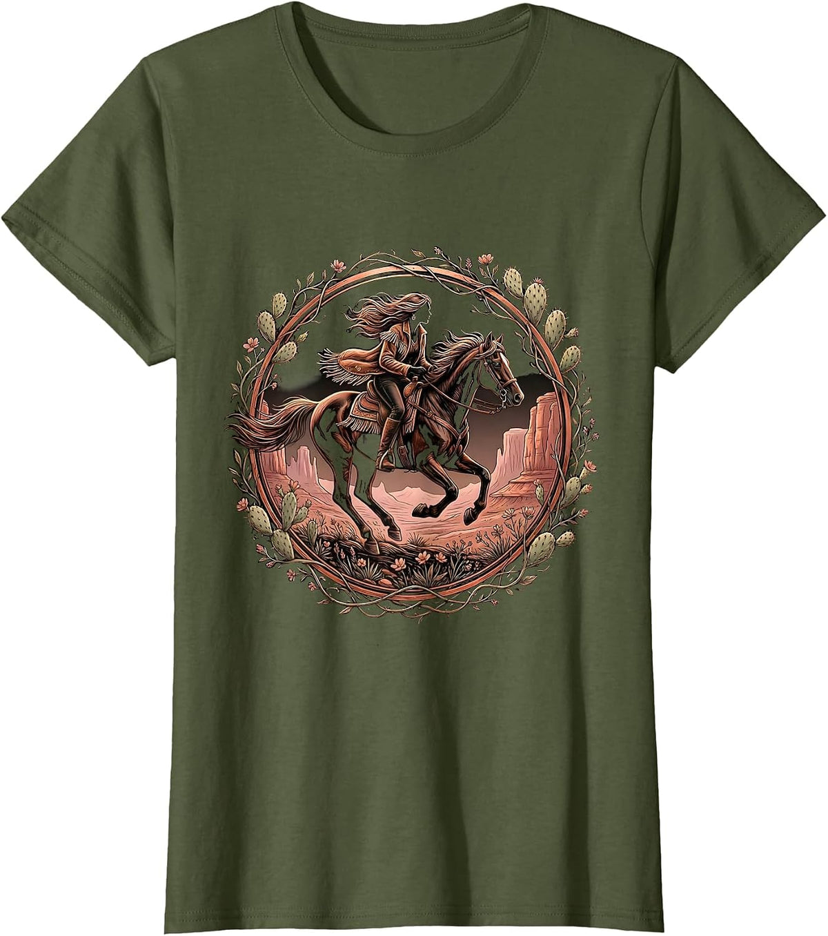 Women's Horseback Rider Canyon Dust Western Graphic T-Shirt - Olive Green
