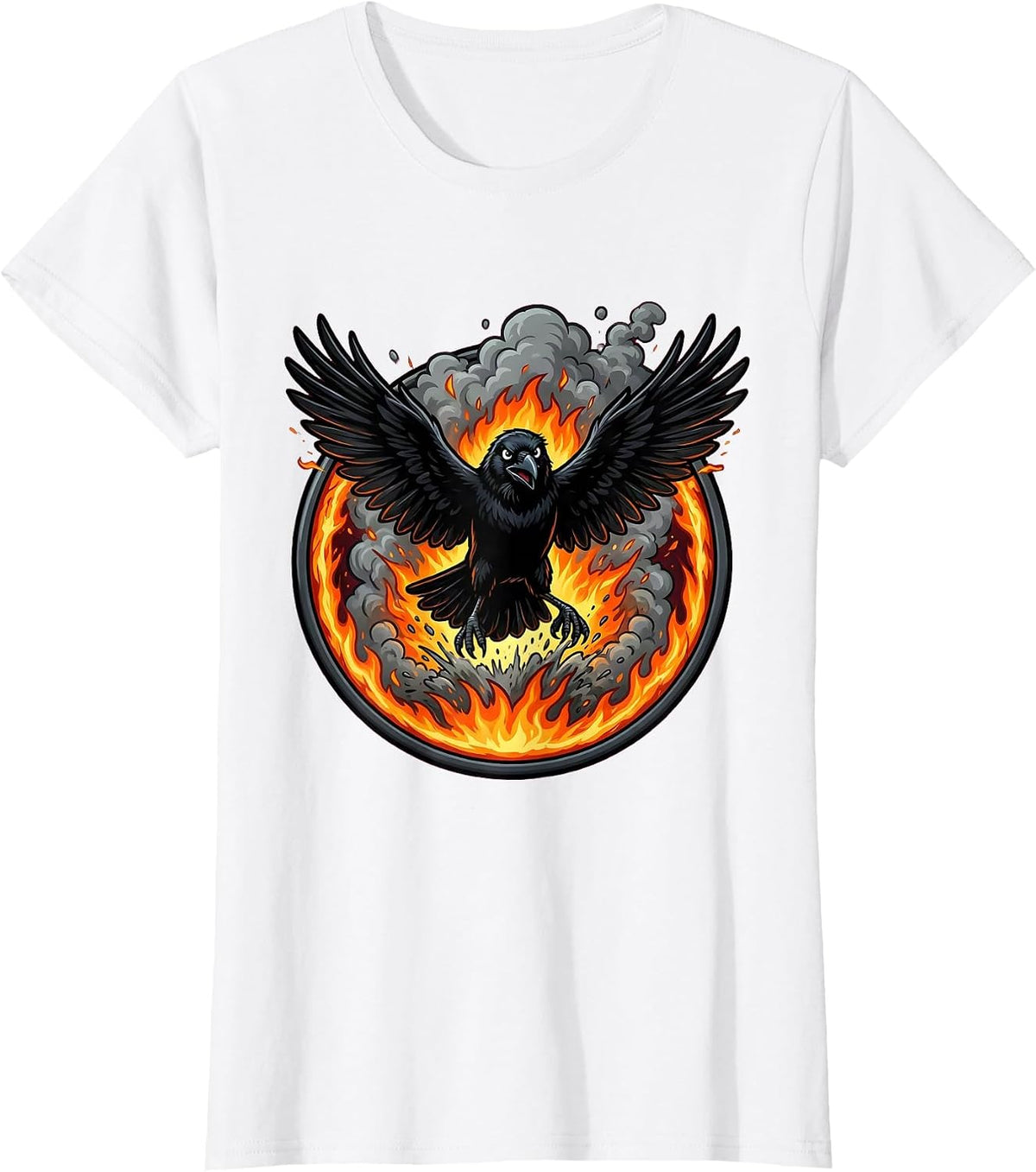 Crow Rising From Smoke and Flames Graphic T-Shirt - White