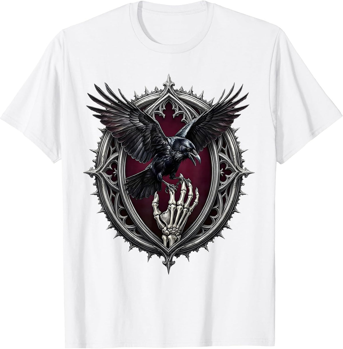 Men's Crow Landing on Skeleton Hand Dark Gothic Art T-Shirt - White