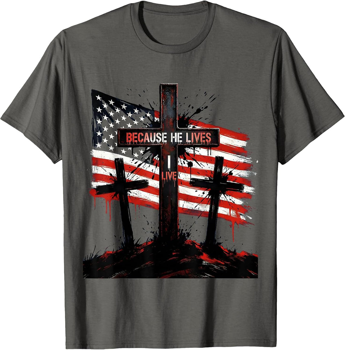 Because He Lives Three Crosses Sunset Design T-Shirt - Asphalt Grey