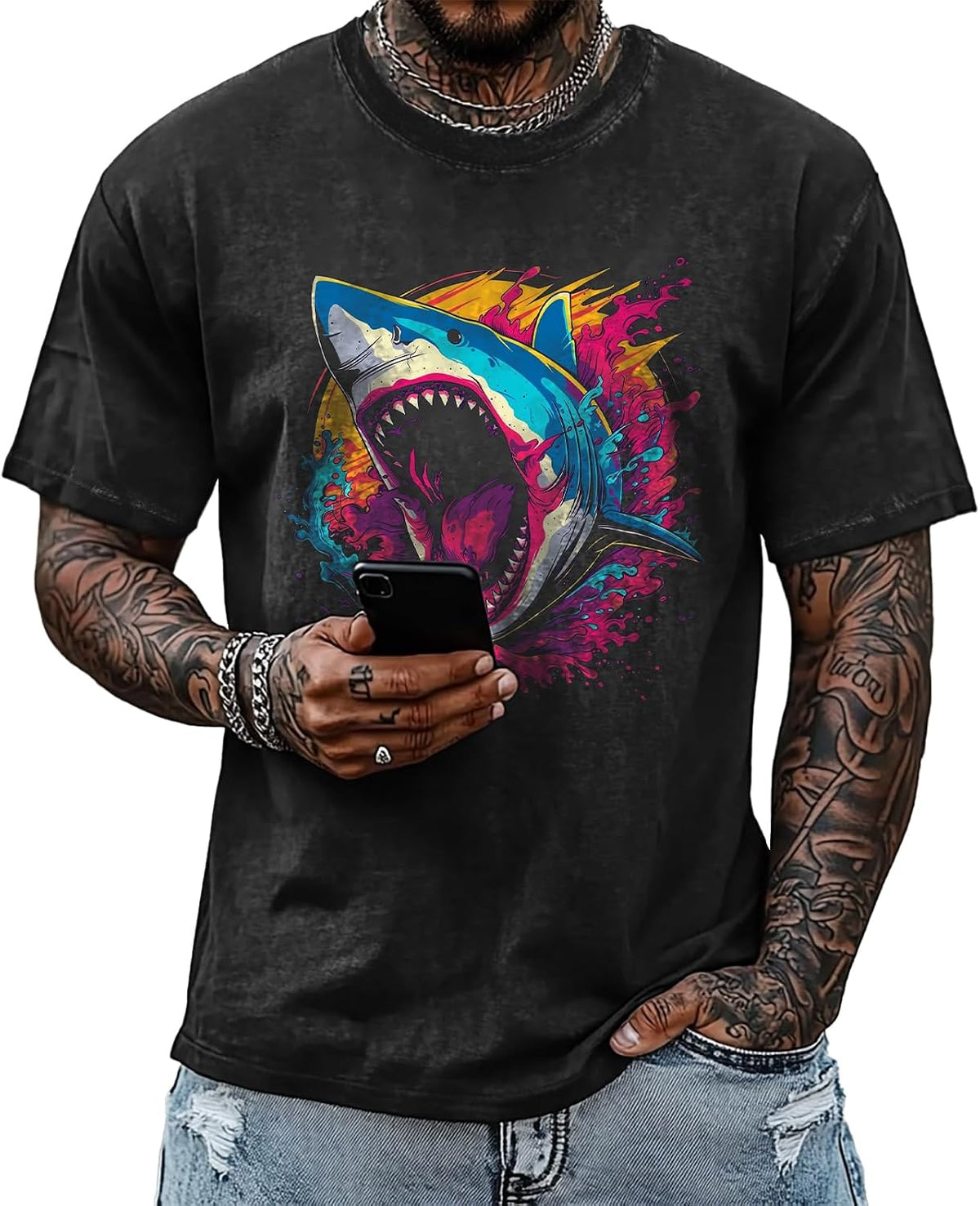 Vintage Graphic Printed T-Shirts for Men Casual Cotton Tees Comfy Streetwear Crewneck Short Sleeve Summer Tops - Black Shark