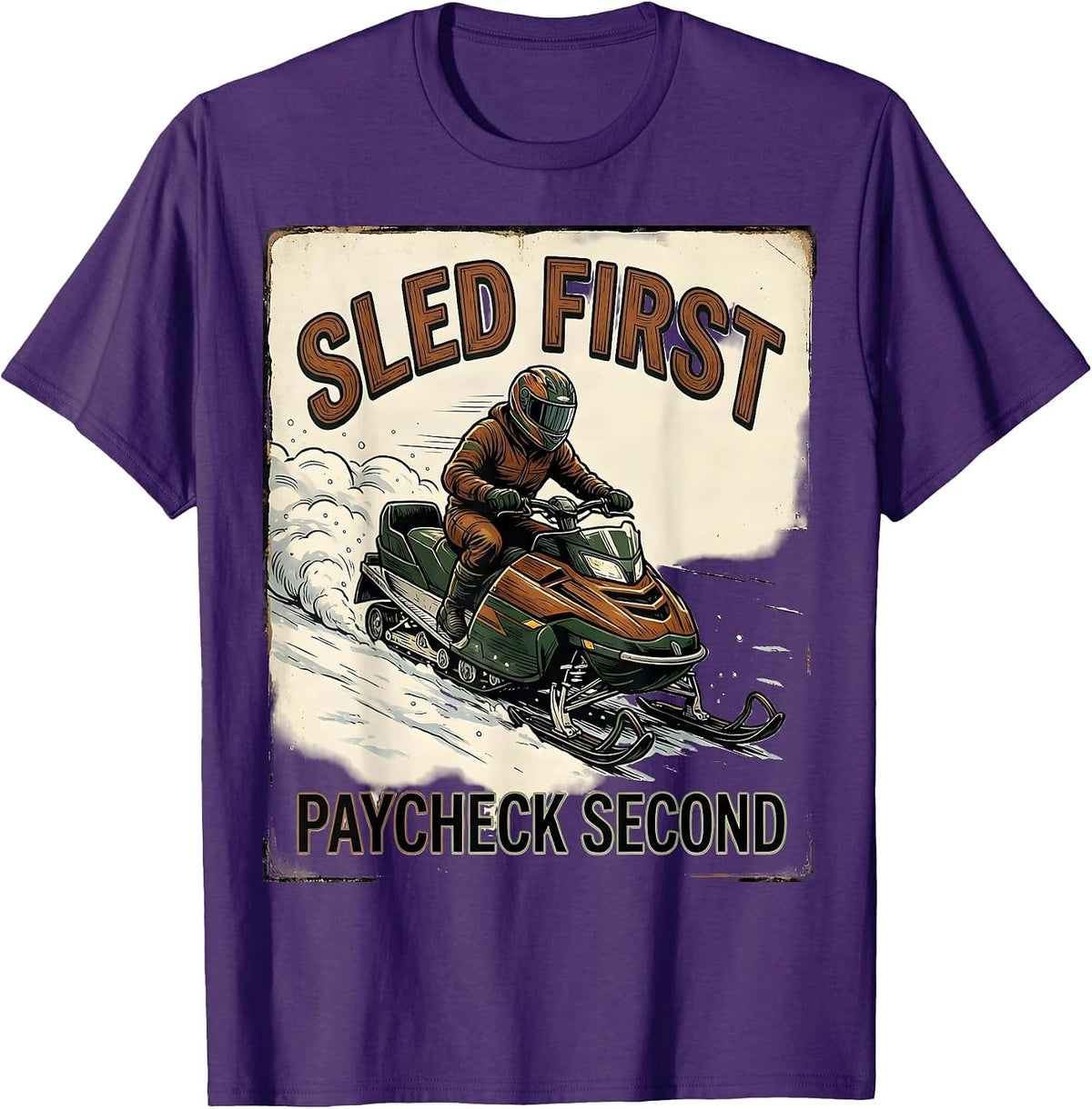 Sled First Paycheck Second Vintage Snowmobiling Humor T-Shirt - Purple