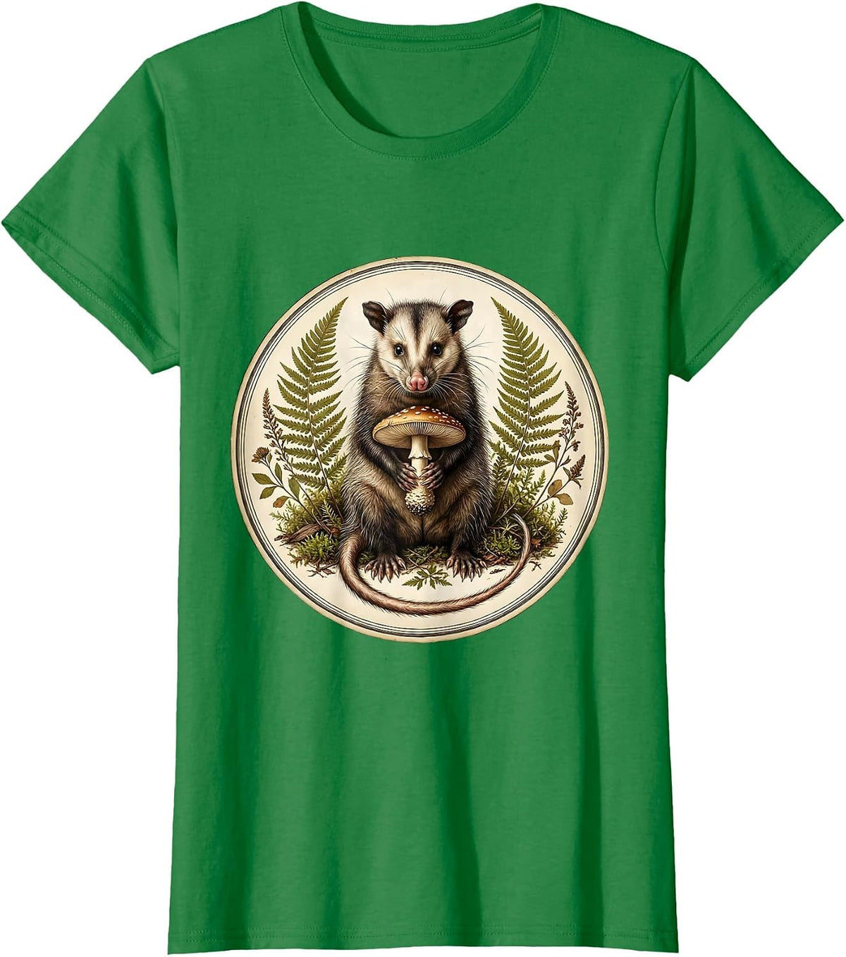 Women's Opossum Holding Mushroom Moonlit Forest Art T-Shirt - Kelly Green