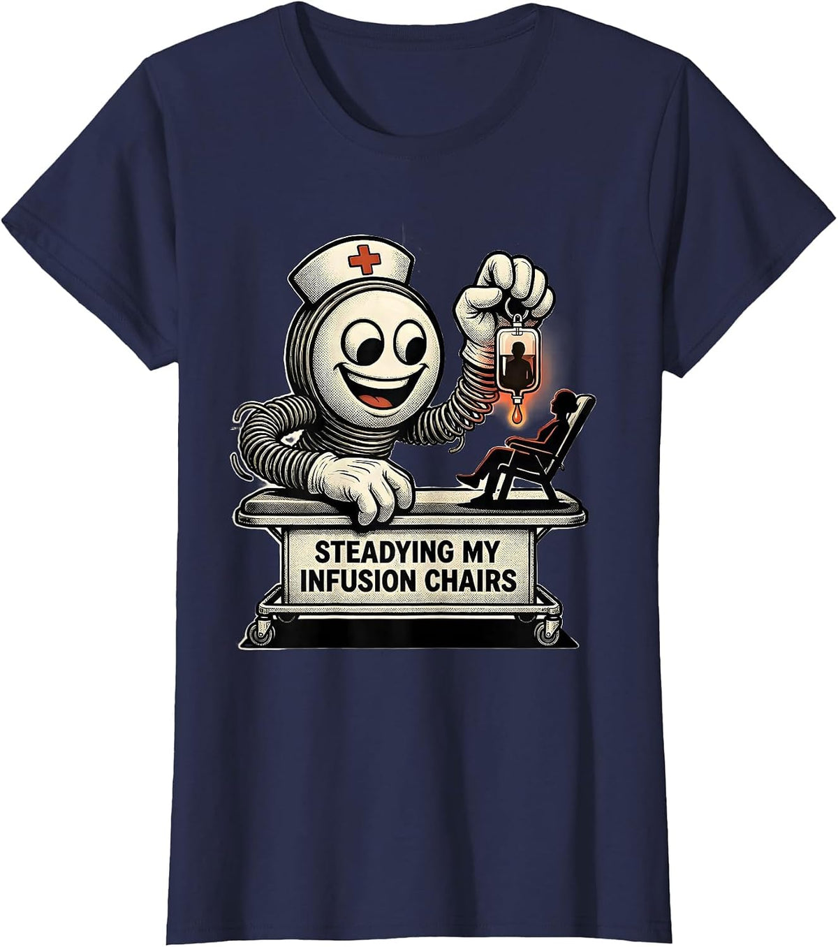 Women's Steadying My Infusion Chairs Retro Cartoon Nurse T-Shirt - Navy Blue
