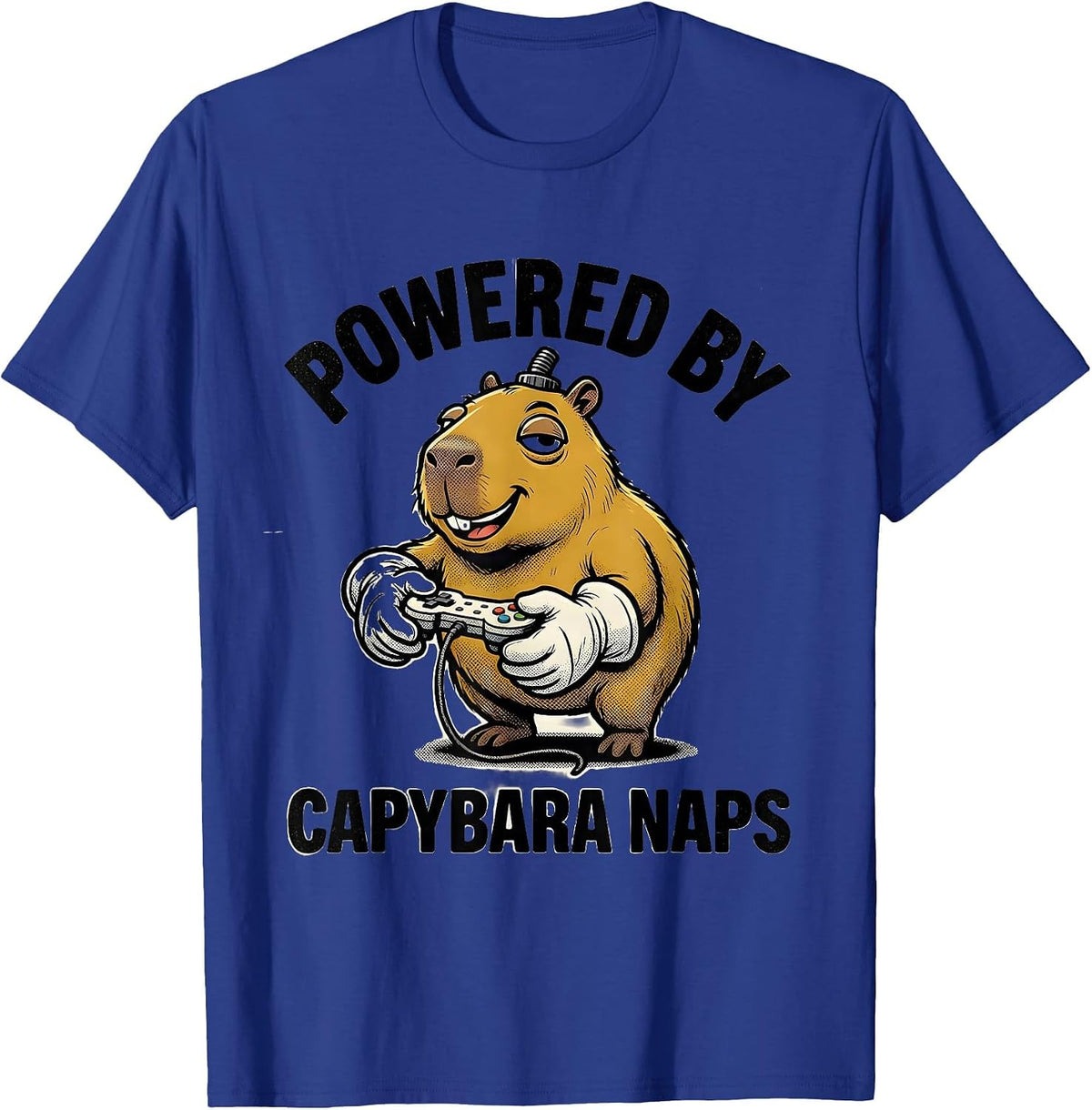 Powered By Capybara Naps Retro Cartoon Funny Gamer Meme T-Shirt - Royal Blue